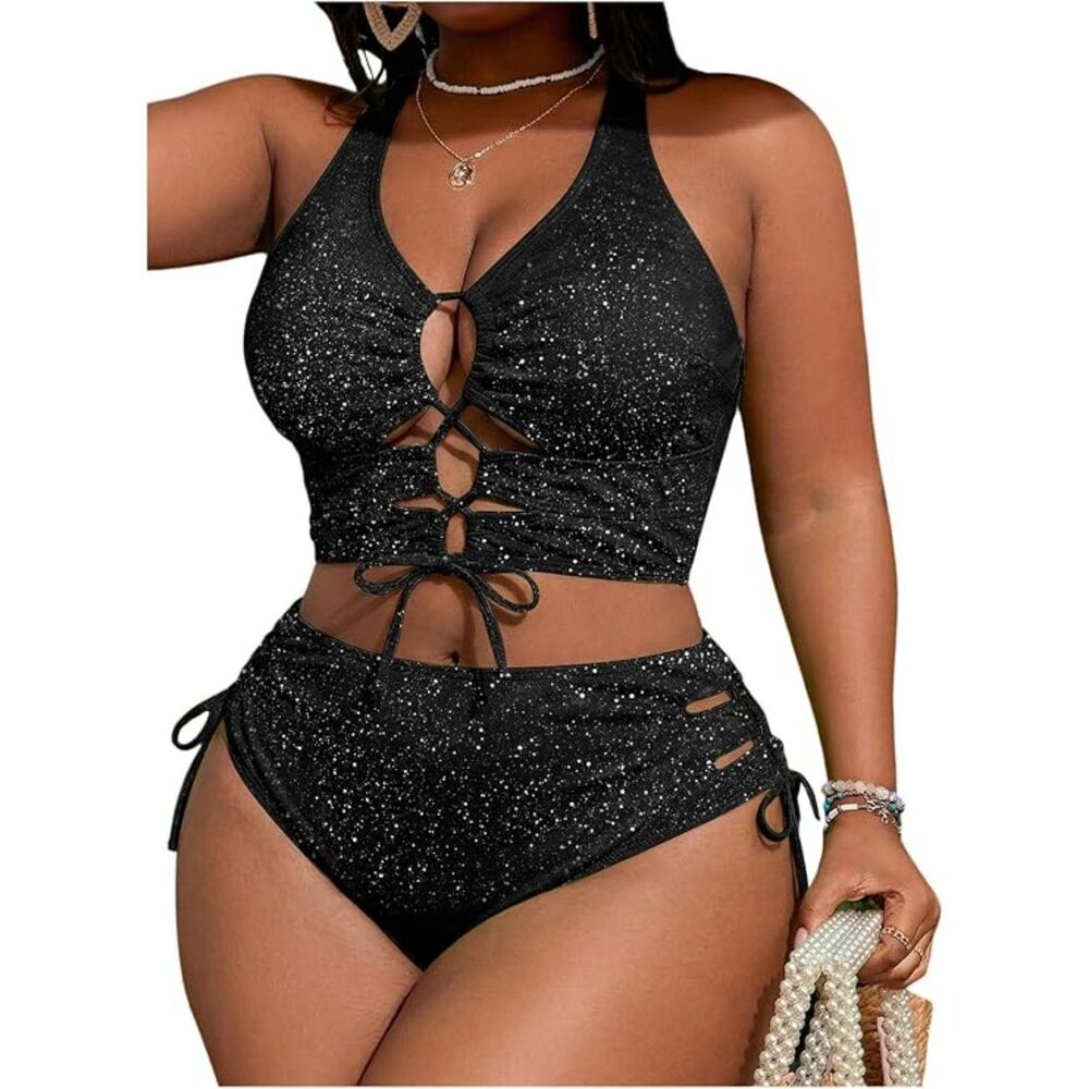 Womens Plus Size Two Piece Bathing Suit Bikini Tummy Control High Waisted